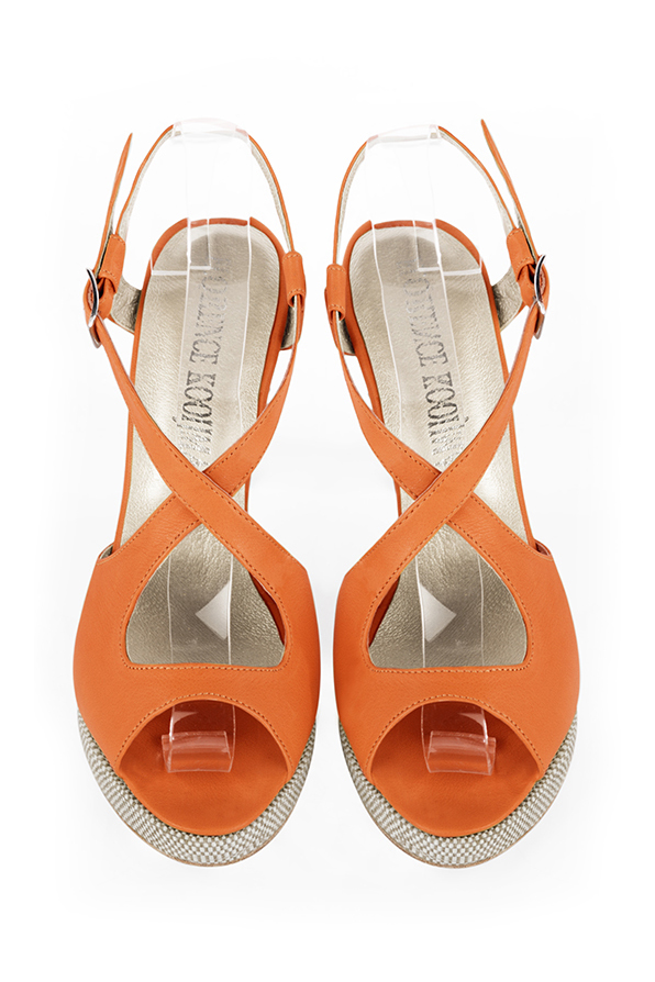 Apricot orange women's open back sandals, with crossed straps. Round toe. Very high slim heel with a platform at the front. Top view - Florence KOOIJMAN